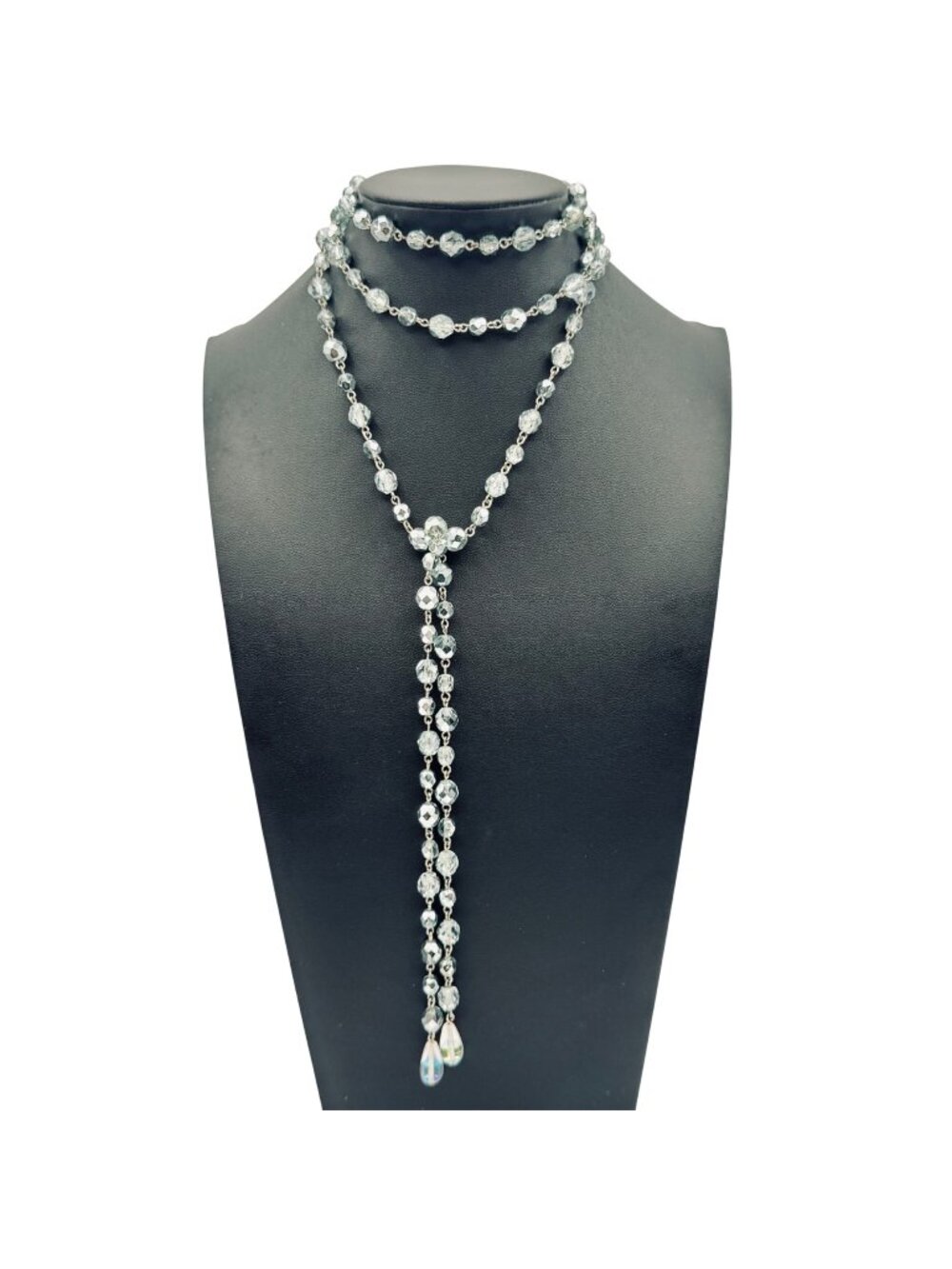 Vintage Crystal Lariat Necklace 48" Flapper Mirror 8mm and Pale Blue Beads 6mm